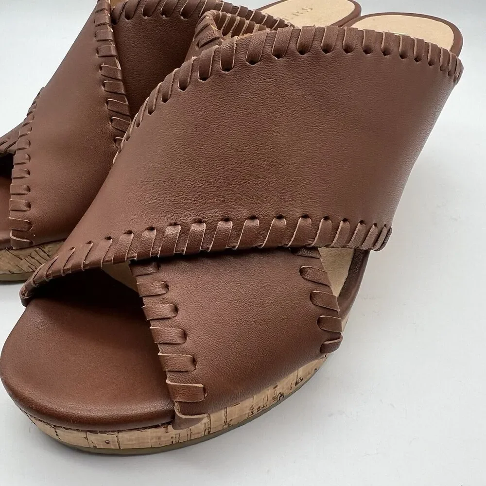 JACK ROGERS Sloane Criss Cross Mocha Leather Cork Wedge Sandals Women’s 6.5